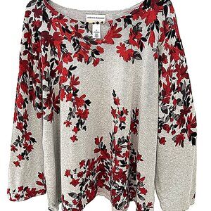 Alfred Dunner Floral Print Knit Sweater Women’s 2X – Gray Red Black